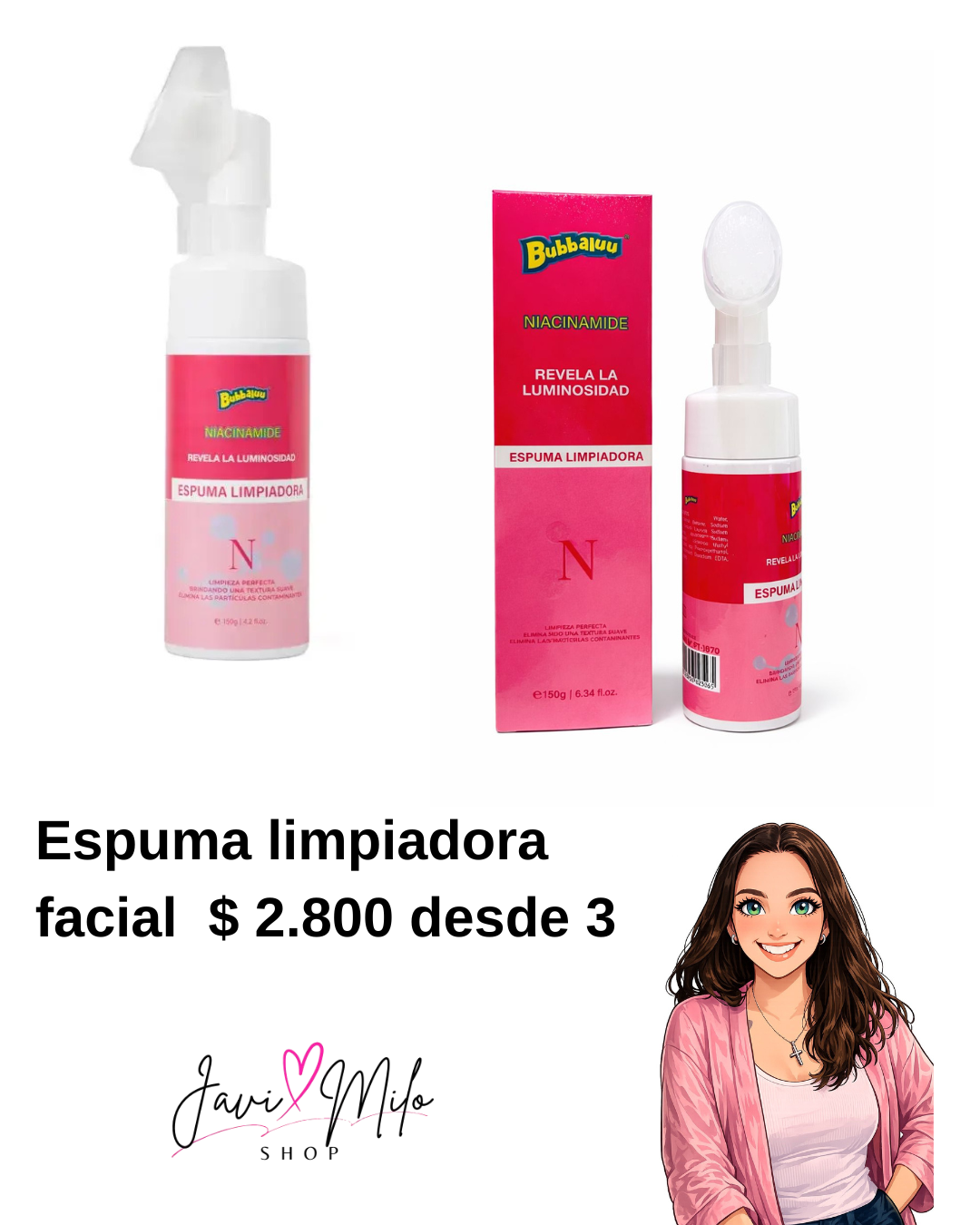 ESPUMA LIMPIADORA FACIAL CON NIACINAMIDE BUBBALUU (3 UNIDADES)